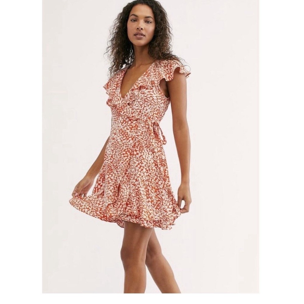 Free People‎ French Quarter Ruffled Wrap Mini Dress Reddish Orange Print Boho M
